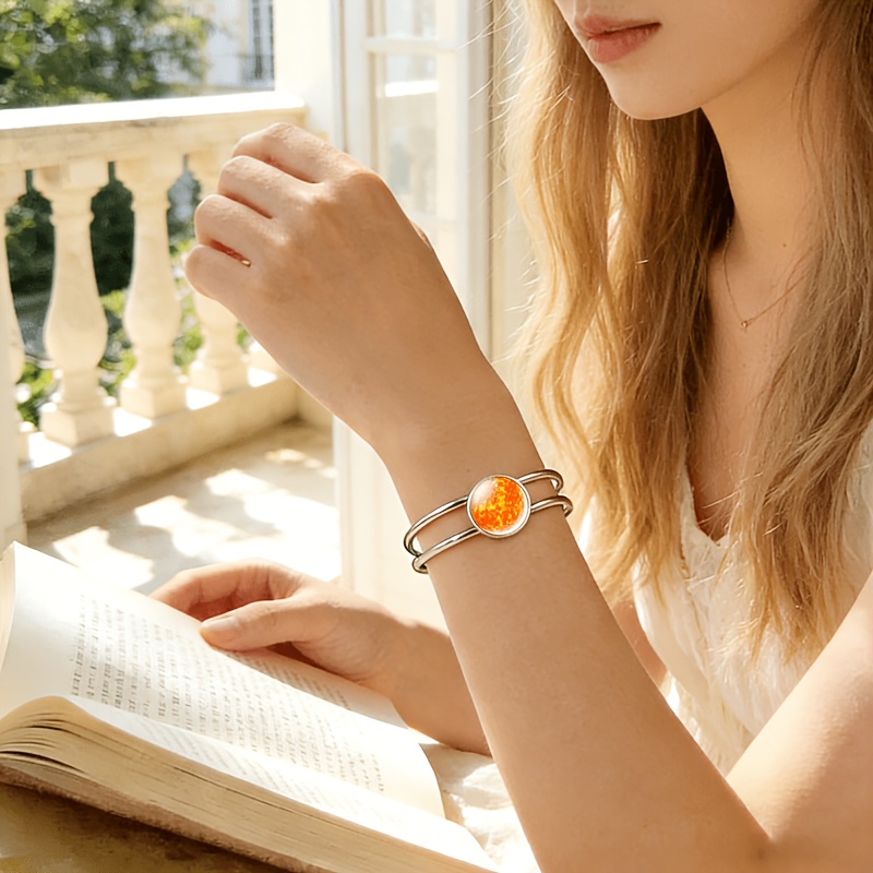 Adjustable Open Bangle with Round Time Gemstone Inlaid Design